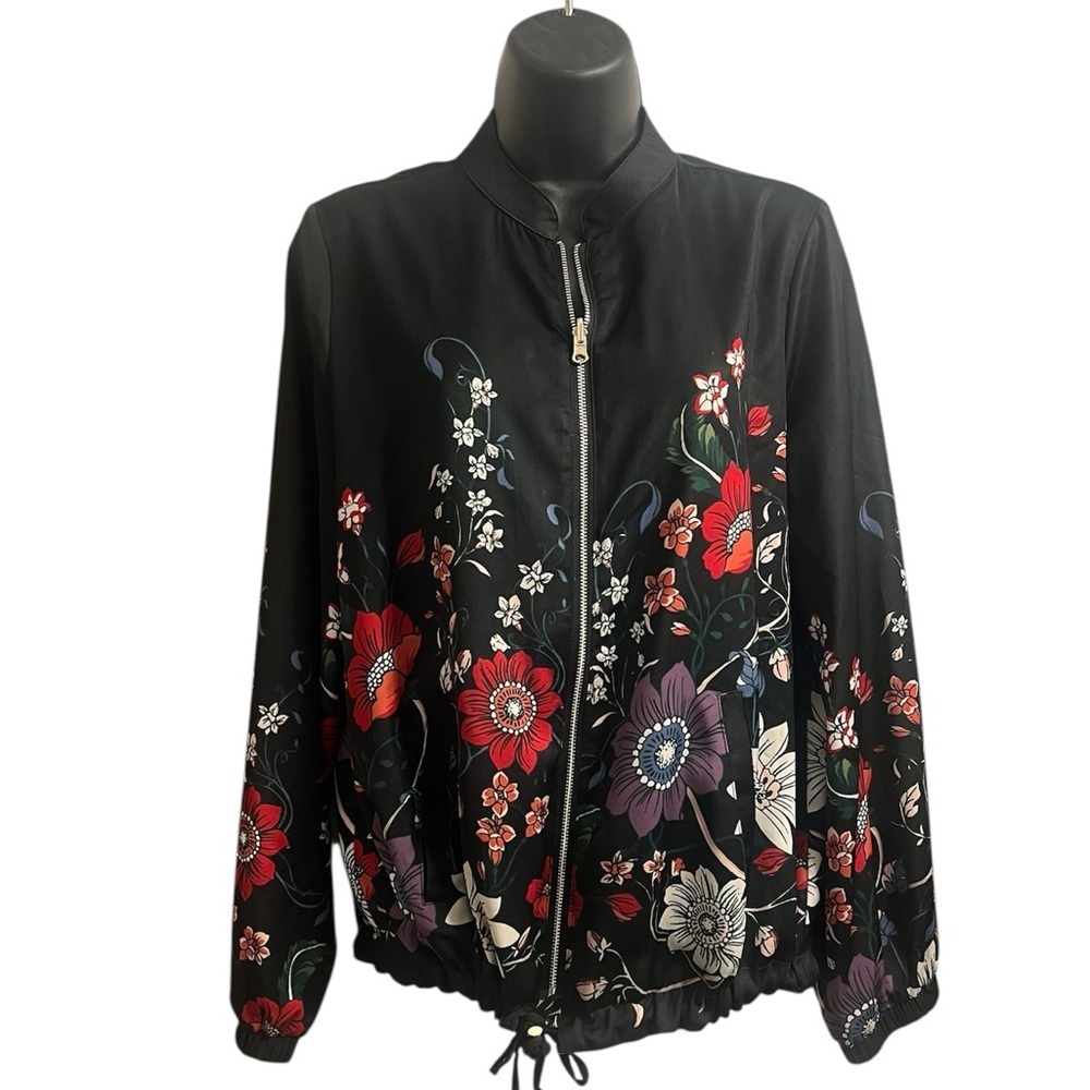 Chico's Black Floral Bomber Full Zip Jacket Sz 0 US 4